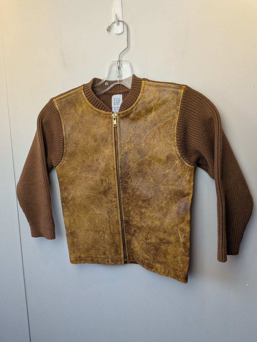 Vintage 90' GAP Kid Leather Cotton Jacket Size 4-5 Unisex Rare Ribbed Brown Tan